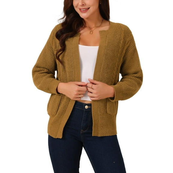 INSPIRE CHIC Women's Open Front Long Sleeve Knit Casual Cardigan with Pockets L Brown
