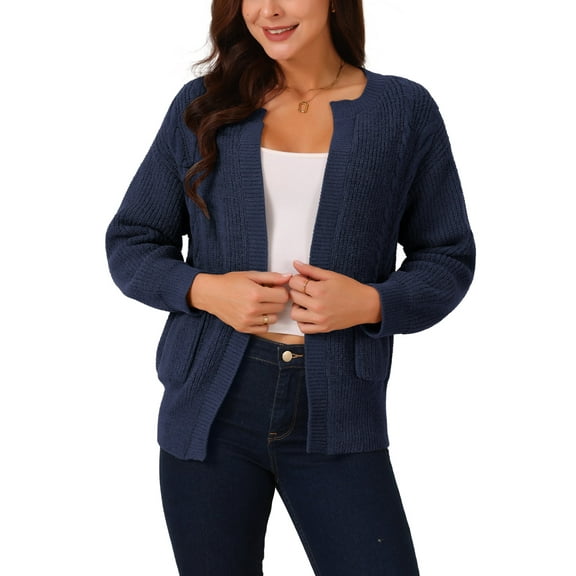 INSPIRE CHIC Women's Open Front Long Sleeve Knit Casual Cardigan with Pockets M Navy Blue