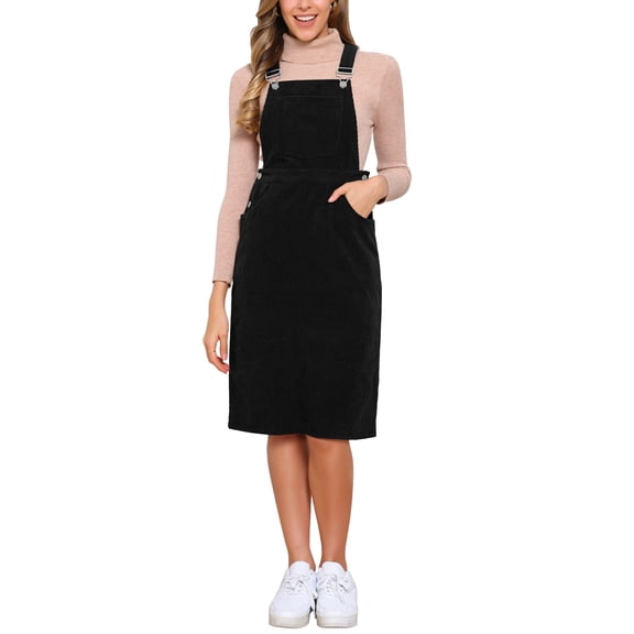 INSPIRE CHIC Women's Overall Corduroy Sleeveless Square Neck Adjustable Straps Casual Midi Dress with Pockets S Black
