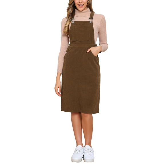 INSPIRE CHIC Women's Overall Corduroy Sleeveless Square Neck Adjustable Straps Casual Midi Dress with Pockets XS Brown