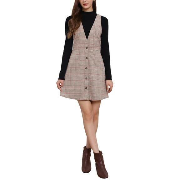 INSPIRE CHIC Women's Overall Houndstooth Pinafore Sleeveless Suspender Dress S Khaki Check