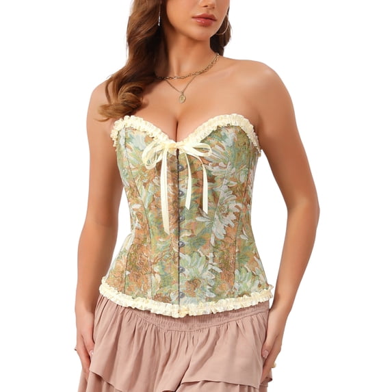 INSPIRE CHIC Women's Overbust Jacquard Corset Top Strapless Adjustable Lace Up Back Vintage Floral Push Up Party Exotic Bustier S Green Flower
