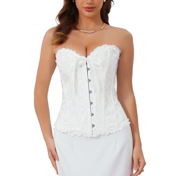 INSPIRE CHIC Women's Overbust Jacquard Corset Top Strapless Adjustable Lace Up Back Vintage Floral Push Up Party Exotic Bustier S White