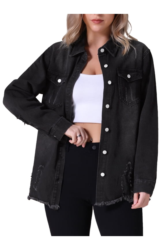 Women's Oversized Denim Frayed Hem Long Sleeve Button Up with Pockets Jean Jacket 2XL Black