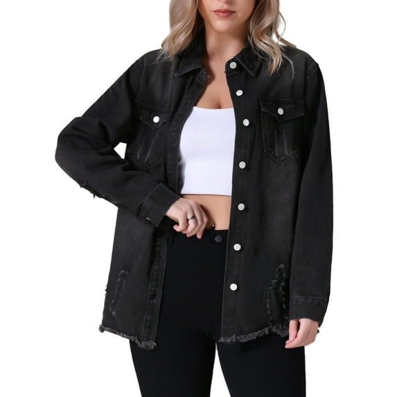 INSPIRE CHIC Women's Oversized Denim Frayed Hem Long Sleeve Button Up with Pockets Jean Jacket L Black