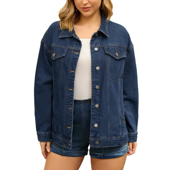 INSPIRE CHIC Women's Oversized Denim Long Sleeve Button Down with Pockets Jean Jacket M Dark Blue