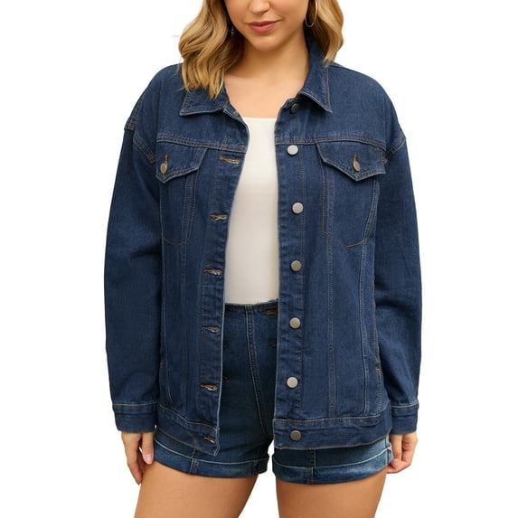 INSPIRE CHIC Women's Oversized Denim Long Sleeve Button Down with Pockets Jean Jacket S Dark Blue