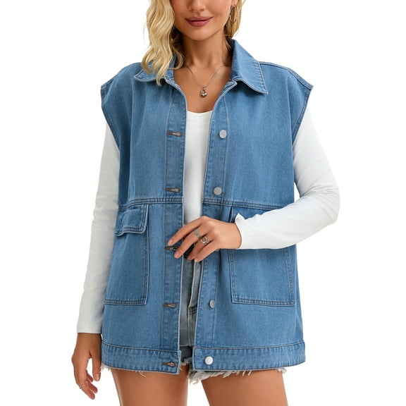INSPIRE CHIC Women's Coat Oversized Denim Vest Collared Button Down Sleeveless Long Jean Jacket 2XL Blue