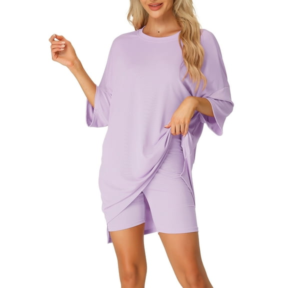 INSPIRE CHIC Women's Oversized Lounge Set Workout Sweatsuits T-Shirt with Biker Shorts Outfits Sets 3XL Purple