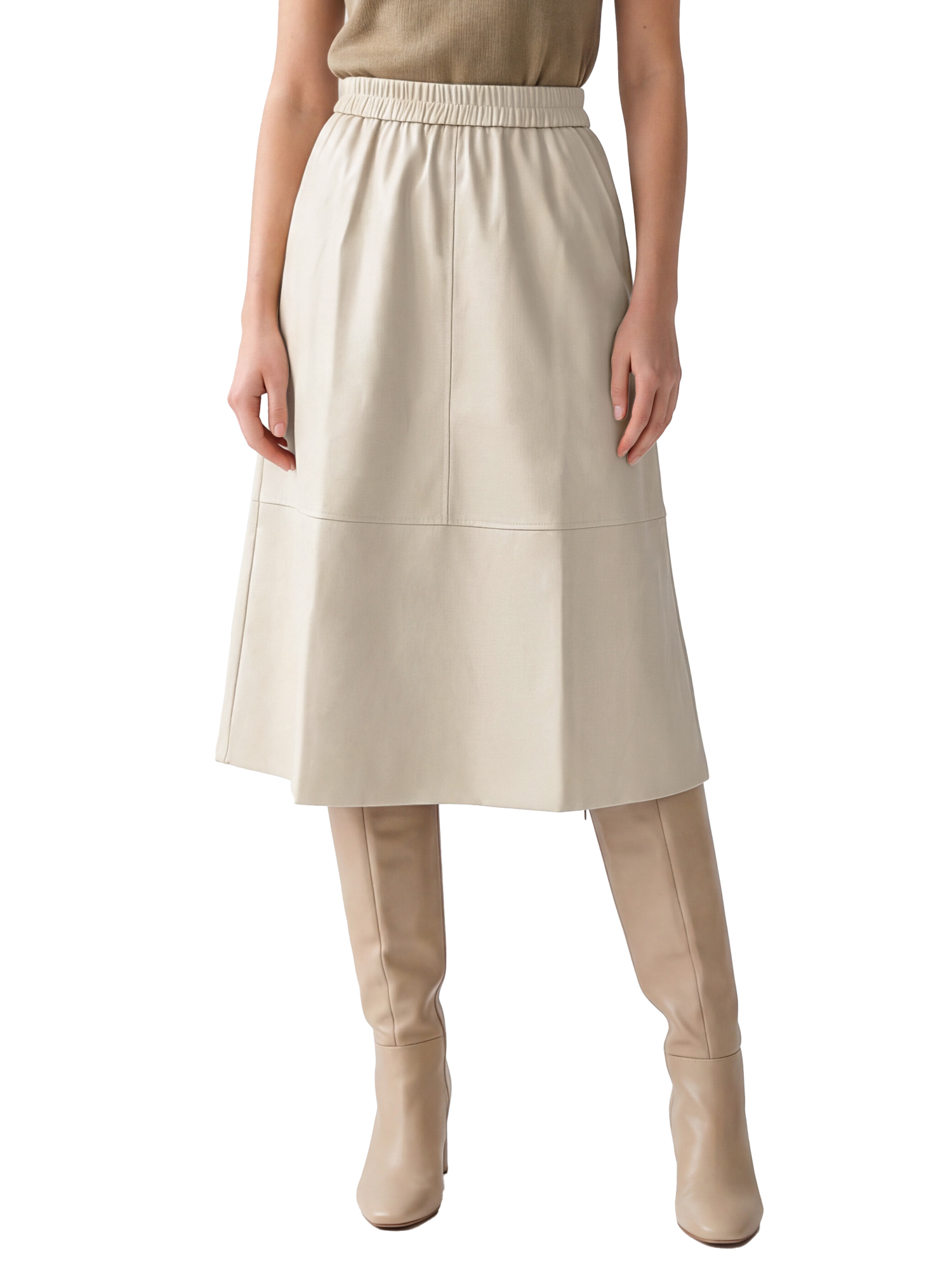 INSPIRE CHIC Women's PU Faux Leather A-Line Skirt High Waist Elastic Skater Flared Swing Elegant Pleated Fall Winter Midi Skirt Large Beige