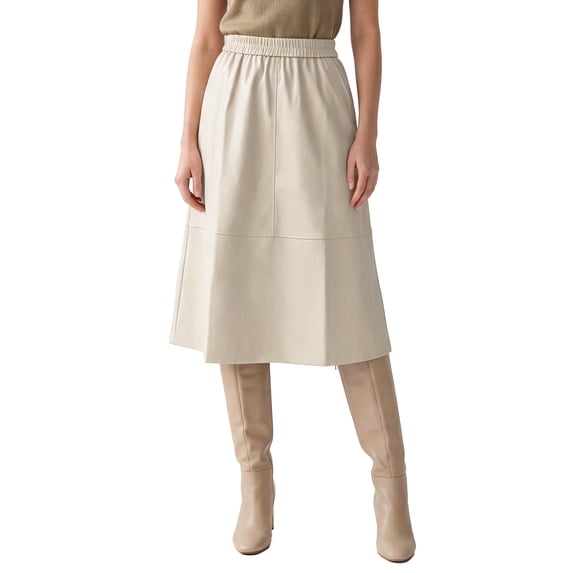 INSPIRE CHIC Women's PU Faux Leather A-Line Skirt High Waist Elastic Skater Flared Swing Elegant Pleated Fall Winter Midi Skirt Medium Beige