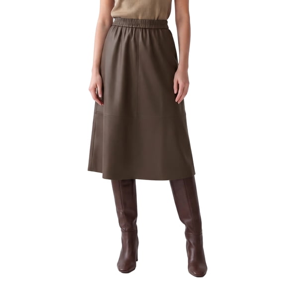 INSPIRE CHIC Women's PU Faux Leather A-Line Skirt High Waist Elastic Skater Flared Swing Elegant Pleated Fall Winter Midi Skirt Medium Coffee