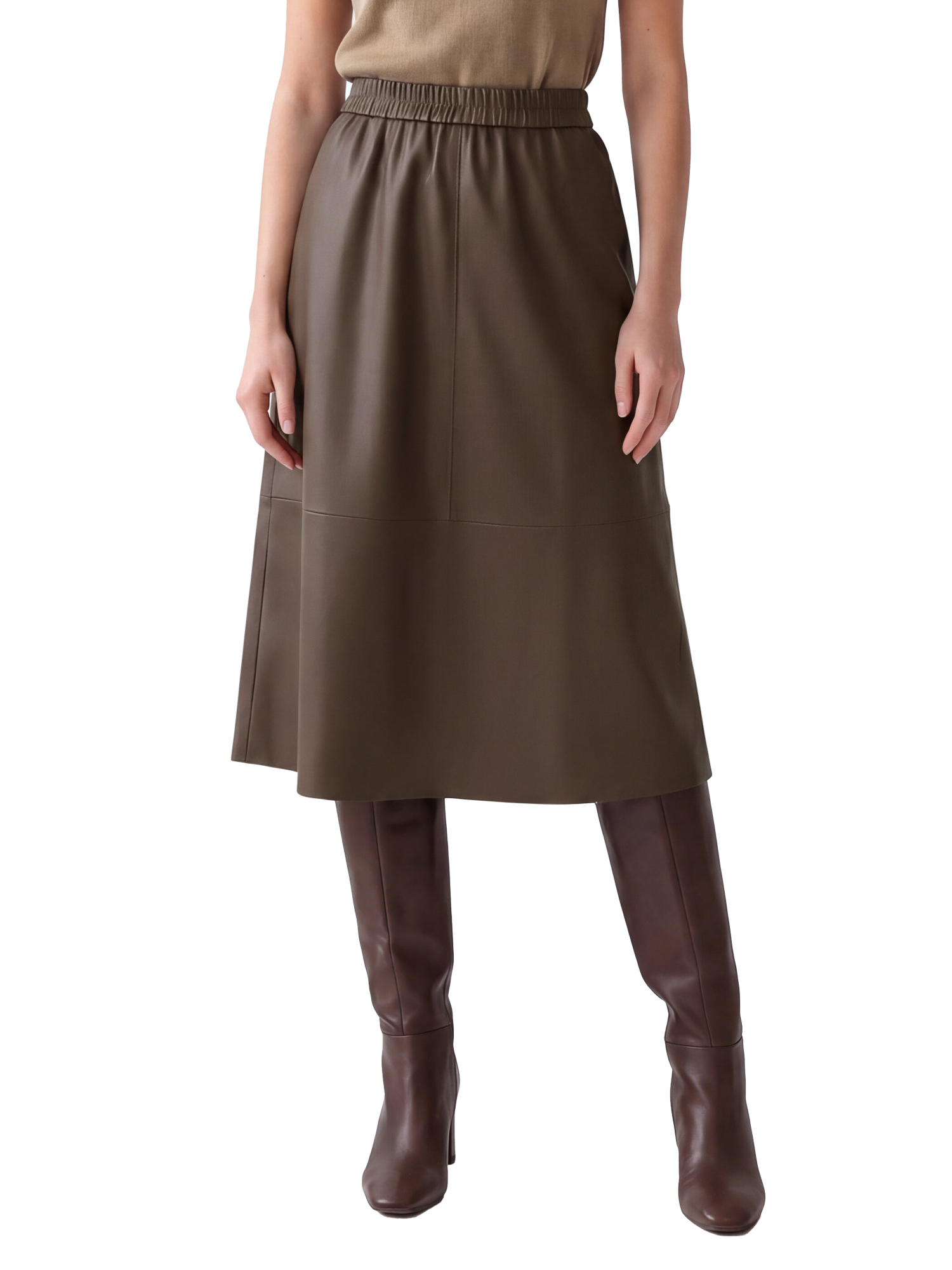 INSPIRE CHIC Women's PU Faux Leather A-Line Skirt High Waist Elastic Skater Flared Swing Elegant Pleated Fall Winter Midi Skirt X Small Coffee