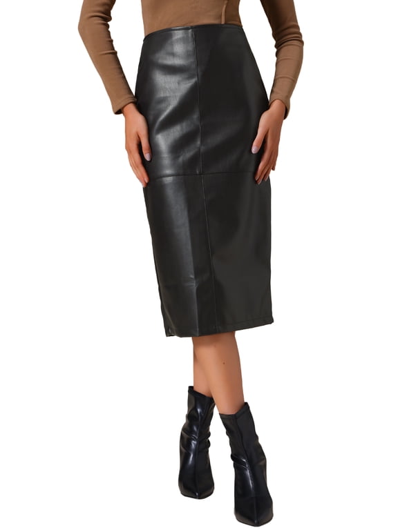 Women's PU Leather Midi Skirts High Waist Split Back Bodycon Pencil Skirt L Black