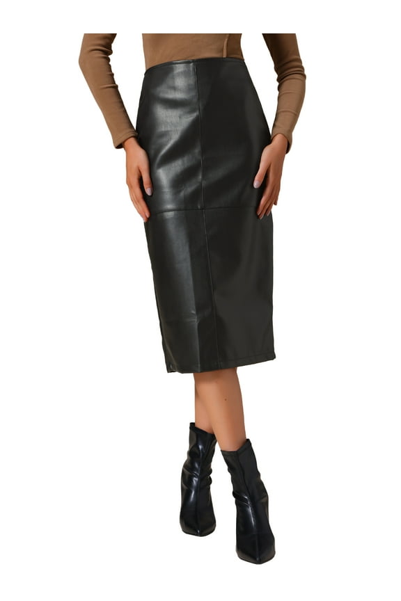 Women's PU Leather Midi Skirts High Waist Split Back Bodycon Pencil Skirt XL Black