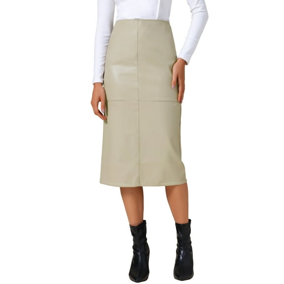 INSPIRE CHIC Women's PU Leather Midi Skirts Party High Waist Split Back Bodycon Pencil Skirt XS Beige
