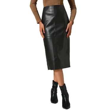 INSPIRE CHIC Women's PU Leather Midi Skirts Party High Waist Split Back Bodycon Pencil Skirt XS Black