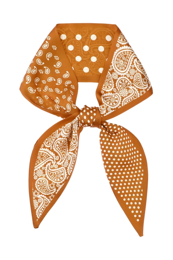 Women's Paisley Polka Dots Pattern Skinny Long Scarves, Satin Silky Ribbon Hair Band Neckerchief Neck Scarf 37.4x3.5" Caramel