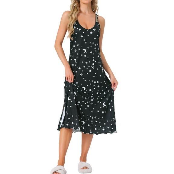 INSPIRE CHIC Women's Valentines Day Pajama Dress Slip Round Neck Cross Back Camisole Long Nightgowns XS Black Moon