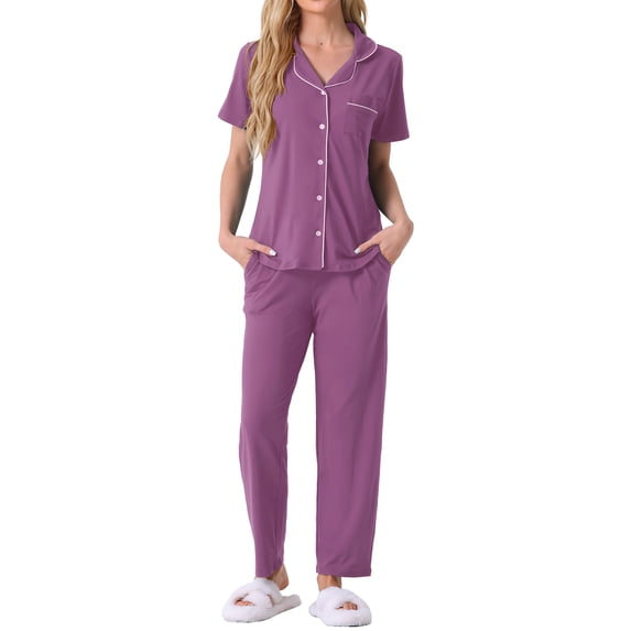 INSPIRE CHIC Women's Pajama Set Button Down Soft Short Sleeve Sleepwear Long Pants 2 Piece Lounge Set M Purple