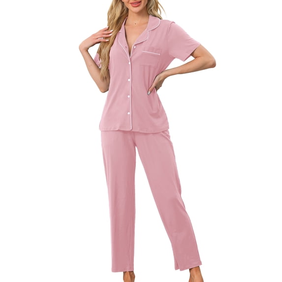 INSPIRE CHIC Women's Pajama Set Button Down Soft Short Sleeve Sleepwear Long Pants 2 Piece Lounge Set S Grey Pink