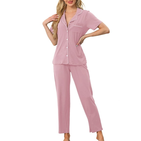 INSPIRE CHIC Women's Pajama Set Button Down Soft Short Sleeve Sleepwear Long Pants 2 Piece Lounge Set XL Grey Pink