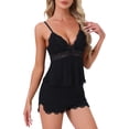 thumbnail image 1 of INSPIRE CHIC Women's Pajama Set Lace V Neck Nightwear Cami Tops with Elastic Waist Slit Shorts Camisole Lingerie Sets S Black, 1 of 6