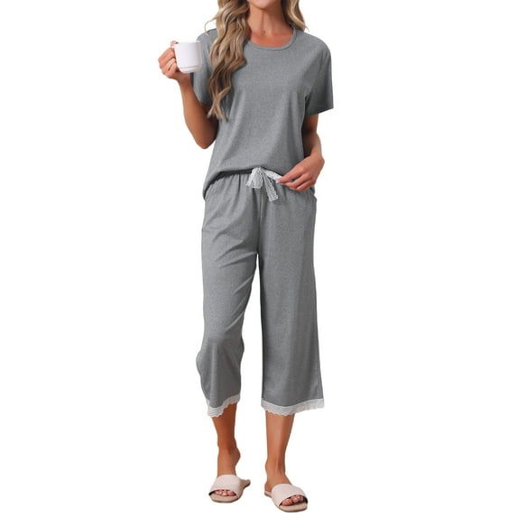 INSPIRE CHIC Women's Pajama Set Short Sleeve Tops with Lace Trim Carpri Pants Modal Spring Summer Sleepwear XL Grey