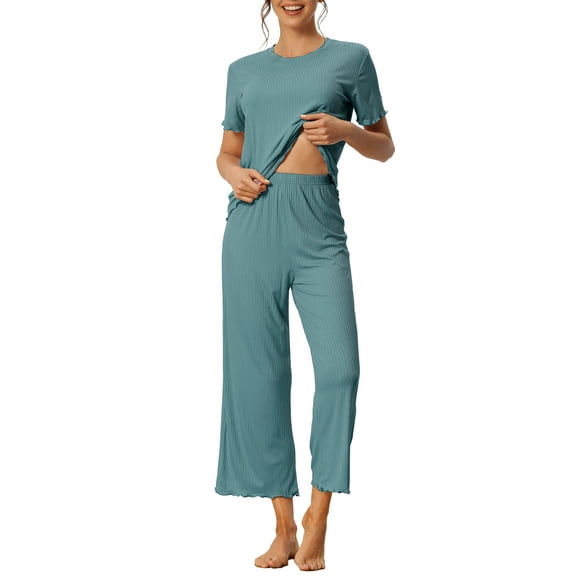 INSPIRE CHIC Women's Pajama Sets Round Neck Short Sleeve Solid Ribbed Casual Sleepwear Ladies Pajamas XL Lake Blue