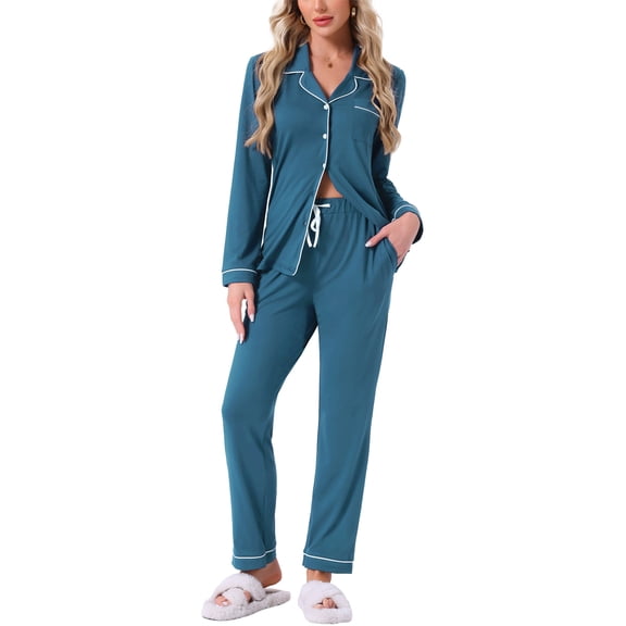 INSPIRE CHIC Women's Pajamas Set Long Sleeve Button Down Notch Collar Loungewear and Drawstring Pants with Pockets 2XL Peacock Blue