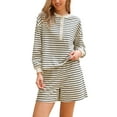 thumbnail image 1 of INSPIRE CHIC Women's Pant Suits Striped Lounge Sets Long Sleeve Shorts Casual Matching Outfits XS White, 1 of 6