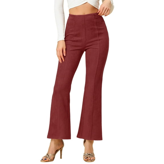 INSPIRE CHIC Women's Pants Solid Flared Hidden Side Zipper Knitted Faux Suede Flared Pants M Burgundy