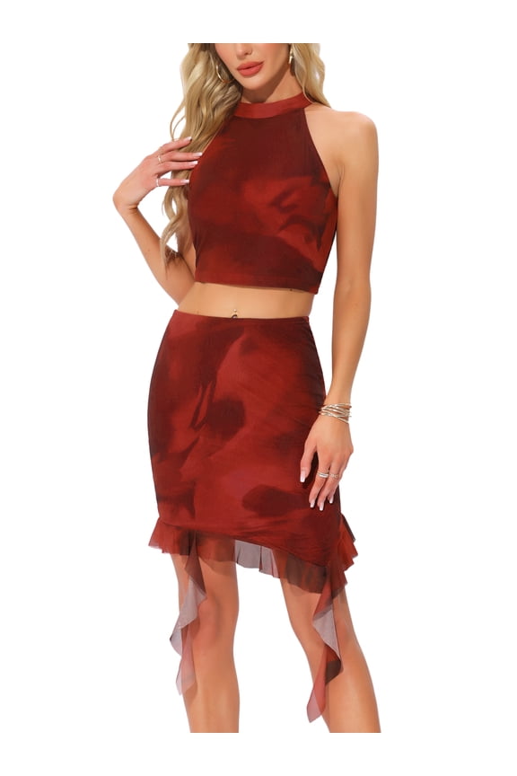 Women's Party Halter Neck Cropped Top Ruffled Mini Skirt Set M Red