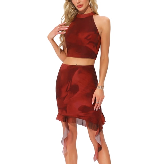 INSPIRE CHIC Women's Party Halter Neck Cropped Top Ruffled Mini Skirt Set XL Red