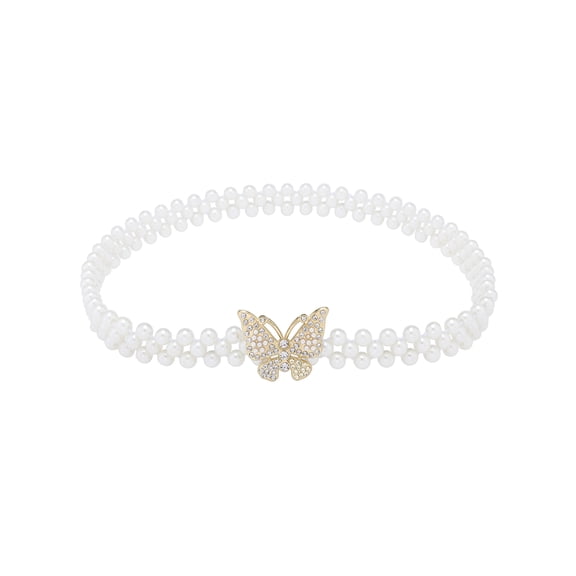 INSPIRE CHIC Women's Pearl Belt Crystal Rhinestone Retro Elastic Thin Waist Belt for Wedding Dress 65x2cm/25.6x0.8" Style 19