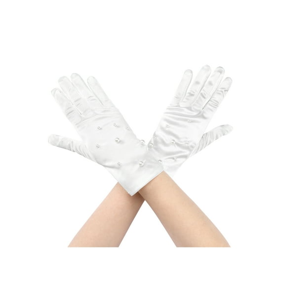 INSPIRE CHIC Women's Pearl Lace Gloves Female Full Finger Wrist Sleeves for Elegance Female Bridge Wedding Party Dating Prom Dress White2