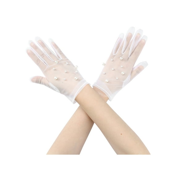 INSPIRE CHIC Women's Pearl Lace Gloves Female Full Finger Wrist Sleeves for Elegance Female Bridge Wedding Party Dating Prom Dress White3