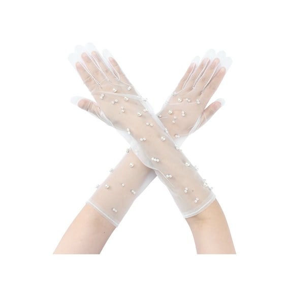 INSPIRE CHIC Women's Pearl Lace Gloves Female Full Finger Wrist Sleeves for Elegance Female Bridge Wedding Party Dating Prom Dress White4