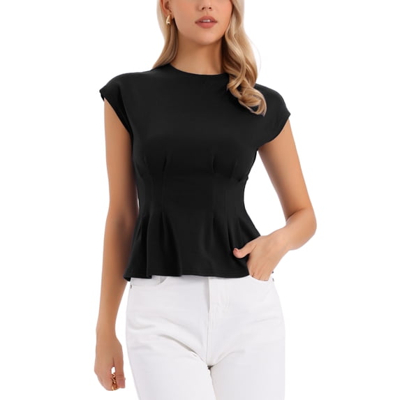INSPIRE CHIC Women's Peplum Top Cap Sleeve Crew Neck Smocked Waist Casual Blouses Black L