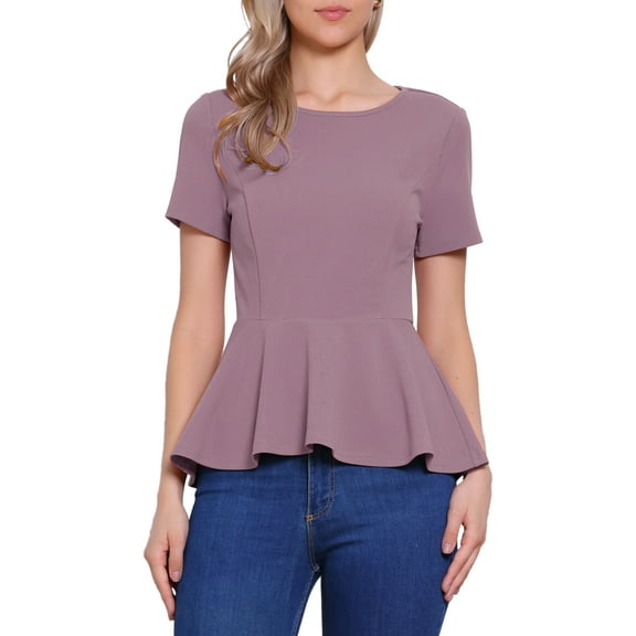 INSPIRE CHIC Women's Peplum Top Short Sleeve Round Neck Stretch Classic Blouse L Dusty Mauve