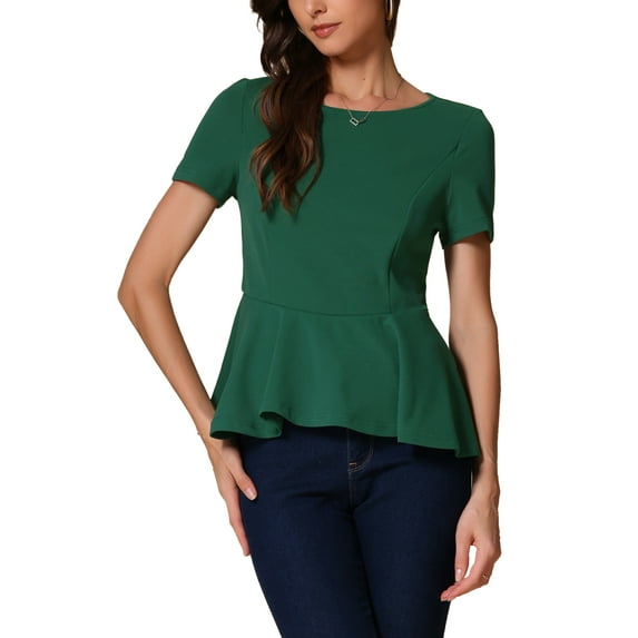 INSPIRE CHIC Women's Peplum Top Short Sleeve Round Neck Stretch Classic Blouse L Green