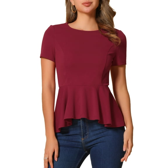 INSPIRE CHIC Women's Peplum Top Short Sleeve Round Neck Stretch Classic Blouse M Dark Red