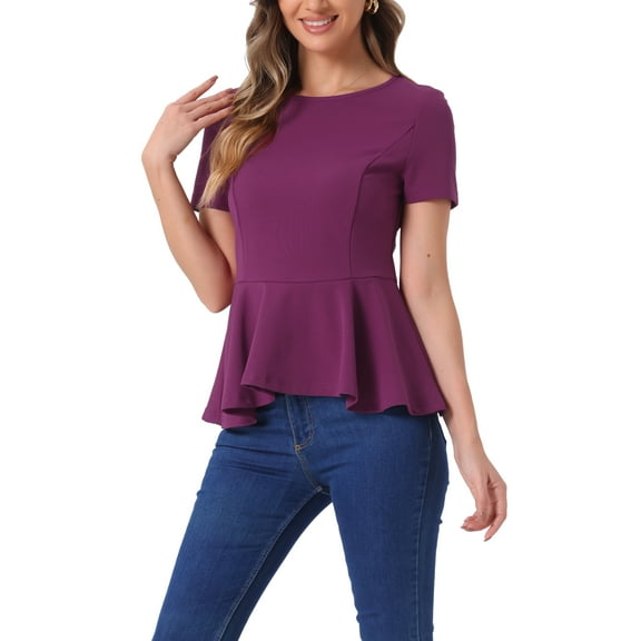 INSPIRE CHIC Women's Peplum Top Short Sleeve Round Neck Stretch Classic Blouse M Purple