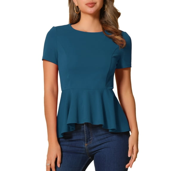 INSPIRE CHIC Women's Peplum Top Short Sleeve Round Neck Stretch Classic Blouse XL Peacock Blue