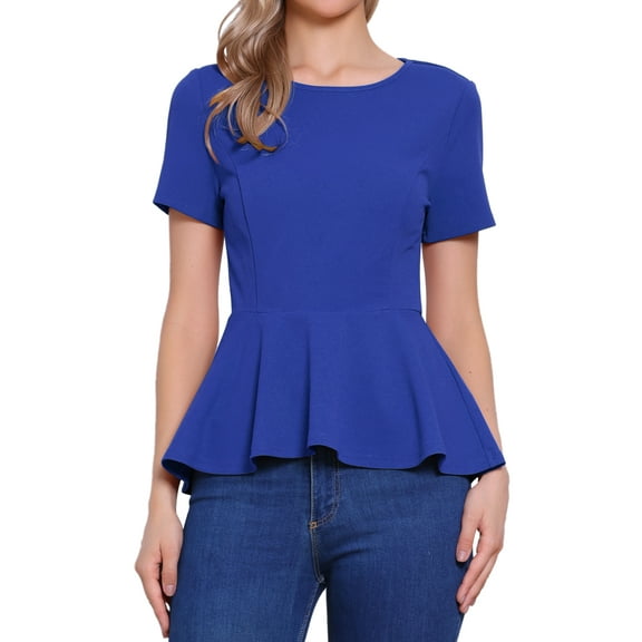 INSPIRE CHIC Women's Peplum Top Short Sleeve Round Neck Stretch Classic Blouse XS Royal Blue