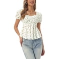 thumbnail image 1 of INSPIRE CHIC Women's Peplum Top Short Sleeves Sweetheart Neck Shirred Floral Blouse Beige L, 1 of 6