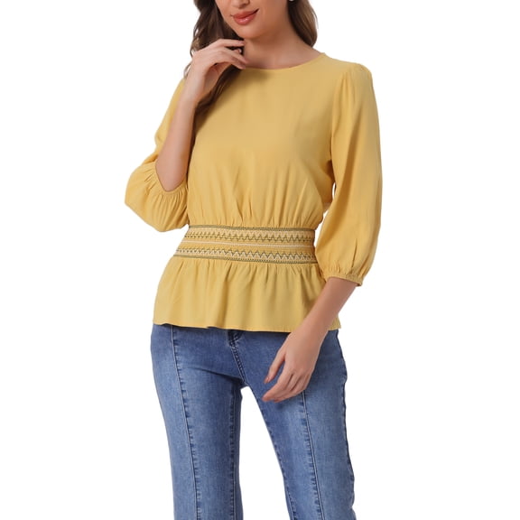 INSPIRE CHIC Women's Peplum Tops Puff Half Sleeve Smocked Waist Blouse M Yellow