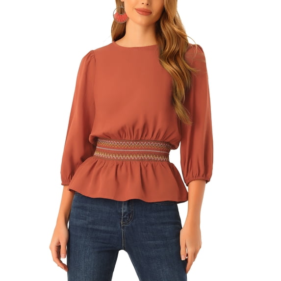 INSPIRE CHIC Women's Peplum Tops Puff Half Sleeve Smocked Waist Blouse Orange XS