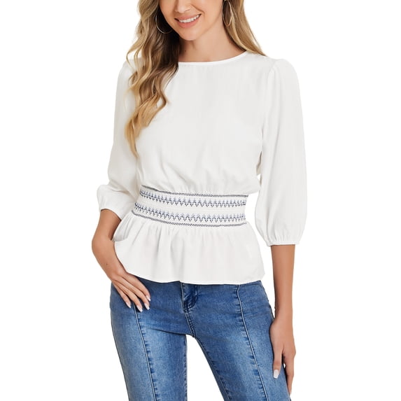 INSPIRE CHIC Women's Peplum Tops Puff Half Sleeve Smocked Waist Blouse White L