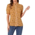 thumbnail image 1 of INSPIRE CHIC Women's Peter Pan Collar Blouse Floral Puff Short Sleeve Contrast Trim Button Down Top M Yellow, 1 of 6